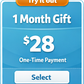 Promotional graphic for a 1-month gift offer with a one-time payment of $28, featuring a blue background and orange button.