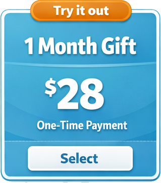 Promotional graphic for a 1-month gift offer with a one-time payment of $28, featuring a blue background and orange button.